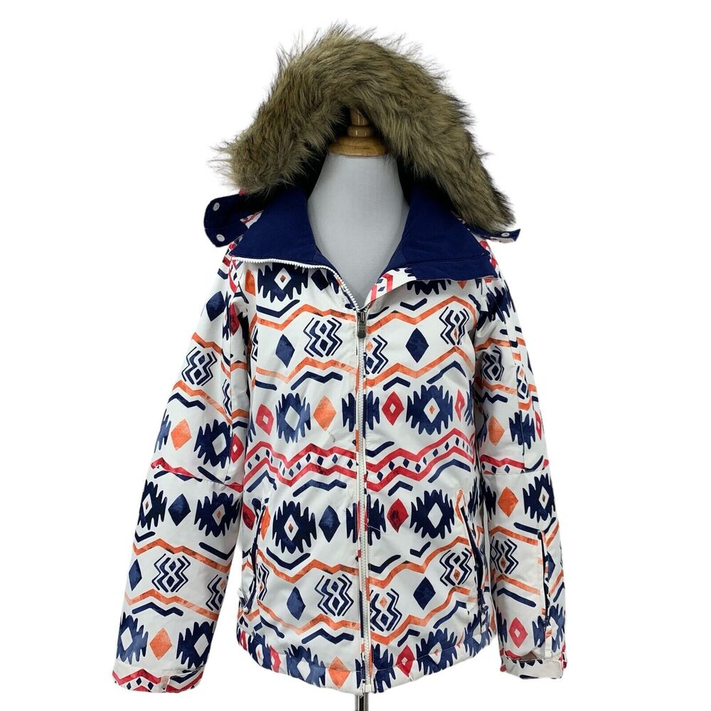 Roxy Jacket Girls XL Womens XS Aztec Insulated‎ Snow Detachable Faux Fur Hoodie